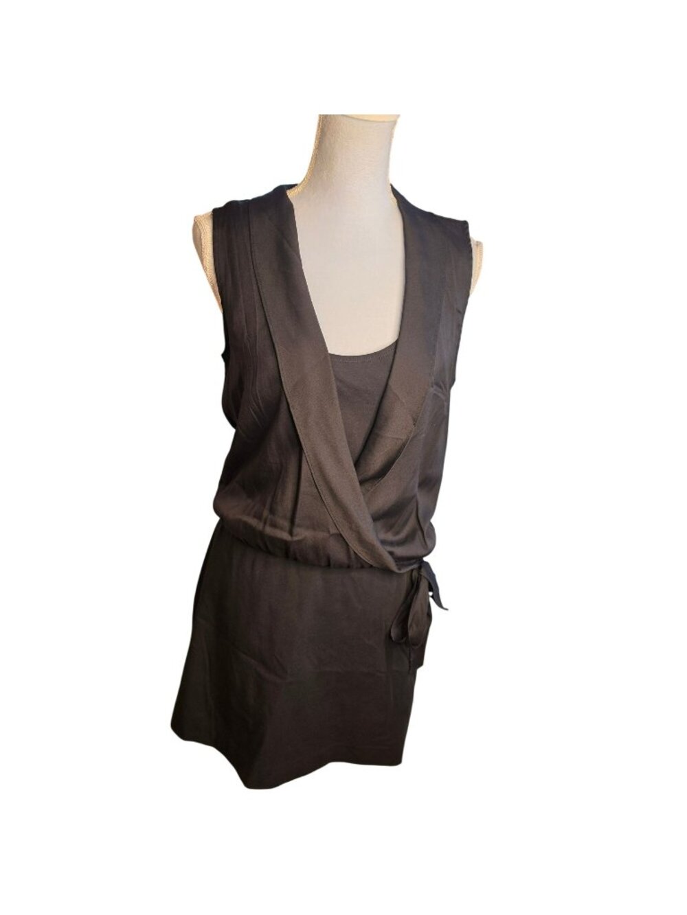 Theory Black Silk Blend Wrap Mini Dress 10 Sleeveless Tie Waist Work Capsule